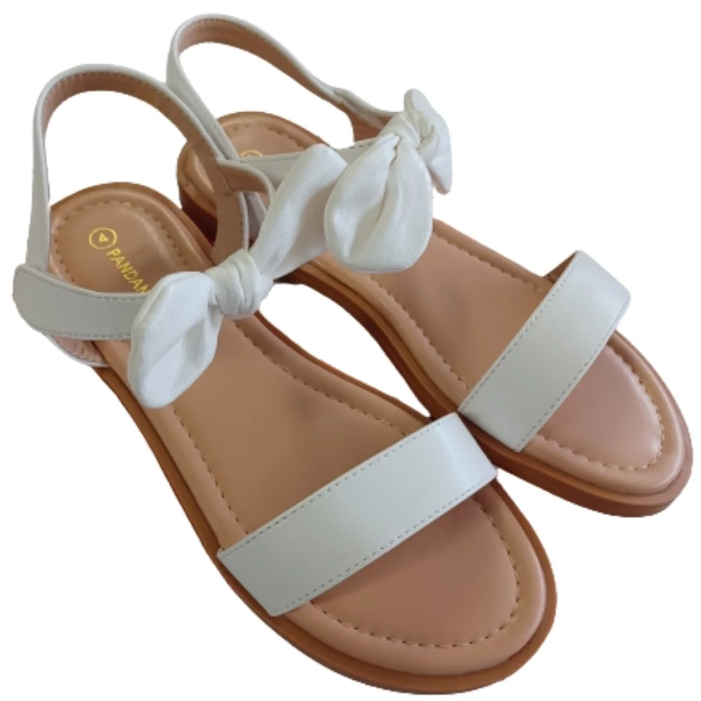 PANDANINJA Ella Big Kids Girls White Size 4 Bow Dressy Neutral Sandal Shoes NWT